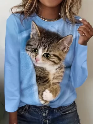 Zip & Cat Print Pullover Sweatshirt, Casual Long Sleeve Crew Neck Sweatshirt For Fall & Winter, Women's Clothing