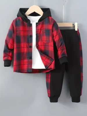 2pcs Boys Casual Creative Long Sleeve Plaid Hooded Jacket&Sweatpants Sets, Kids Clothes